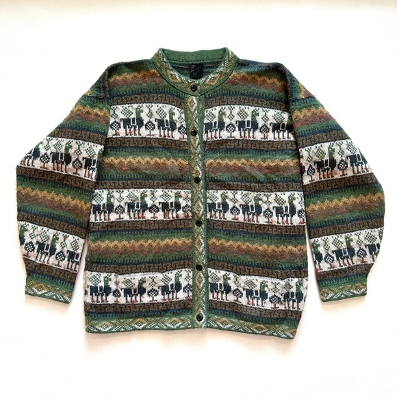 VTG ANDINA 100% ALPACA LLAMA PRINT GREEN MOCK-NECK BUTTON FRONT CARDIGAN SzM/L - Picture 6 of 13